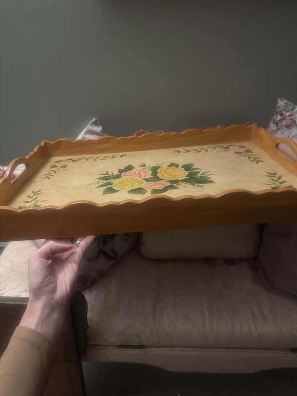 Vintage Painted Floral Wood Serving Tray – Cottage Shabby Chic Decor